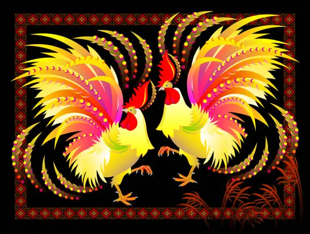 Vector illustration of Couple of fantastic Chinese roosters with bright feathers on black background. Modern print for festival performance with abstract oriental decoration. Asiatic fire holiday. Printable vector image.