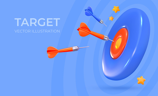3D darts with a dart hitting the target. Concept of victory and achieving a goal. Vector illustration