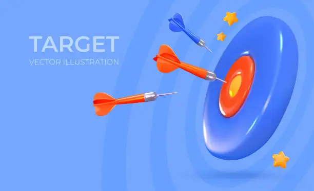 Vector illustration of 3D darts with a dart hitting the target. Concept of victory and achieving a goal. Vector illustration