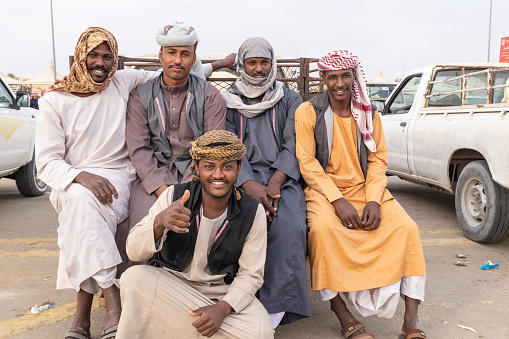 Middle East, Saudi Arabia, Al-Qassim, Buraydah. November 13, 2023. Saudi men at the Al Qassim livestock market.