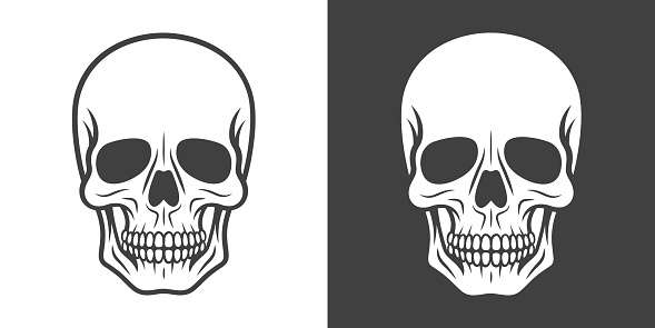 Vector Black and White Skull Icon Set Closeup Isolated. Skulls Collection with Outline, Cut Out Style in Front View. Hand Drawn Skull Head Design Template.