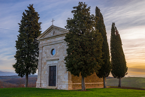 San Quirico d'Orcia, Vitaleta, Siena, Tuscany, Italy: The Chapel of the Madonna di Vitaleta at dawn