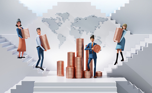 Business people building coin stacks together in environment with stairs, representing professional ladder of success, global business and opportunities. 3D rendering