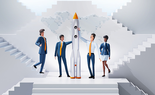 Business people built the rocket. New start up idea 3D rendering illustration in environment with stairs, representing the ladder of success, global business and opportunities