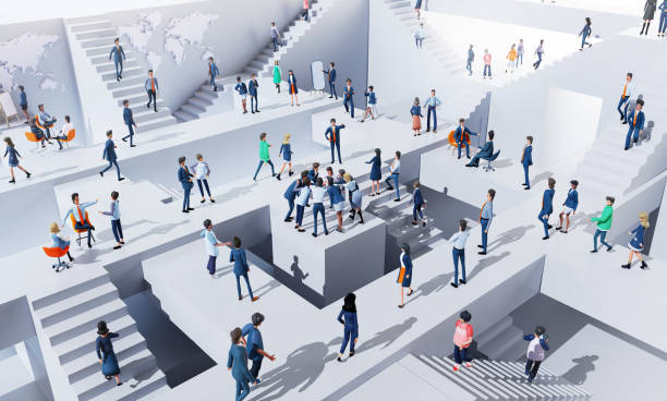 istock Business people having making a hand stack in an abstract business environment with stairs and lots of people working together, walking up and down. 3D rendering 1995909171