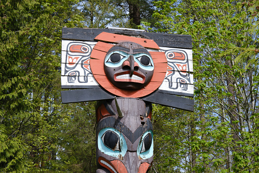 Vancouver, Canada - 05/04/2023: Totem pole in Stanley Park