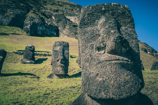 A close-up of a moai in Rano Raraku, the cradle of stone statues on Rapa Nui, Easter Island