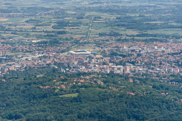 Panorama of Loznica seen from the mountain Gucevo. City of Loznica in west Serbia aerial view. Loznica, Serbia July 11, 2023: Panorama of Loznica seen from the mountain Gucevo. City of Loznica in west Serbia aerial view. undivided highway stock pictures, royalty-free photos & images
