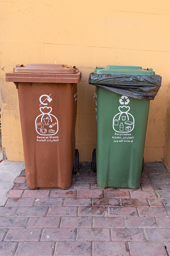 Middle East, Saudi Arabia, Medina, Al-Ula. November 18, 2023. Garbage and recycling bins in old town Al-Ula. November 18, 2023.