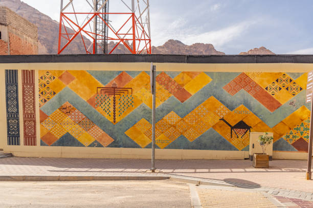 Middle East, Saudi Arabia, Medina, Al-Ula. November 18, 2023. Colorful mural in old town Al-Ula. November 18, 2023.