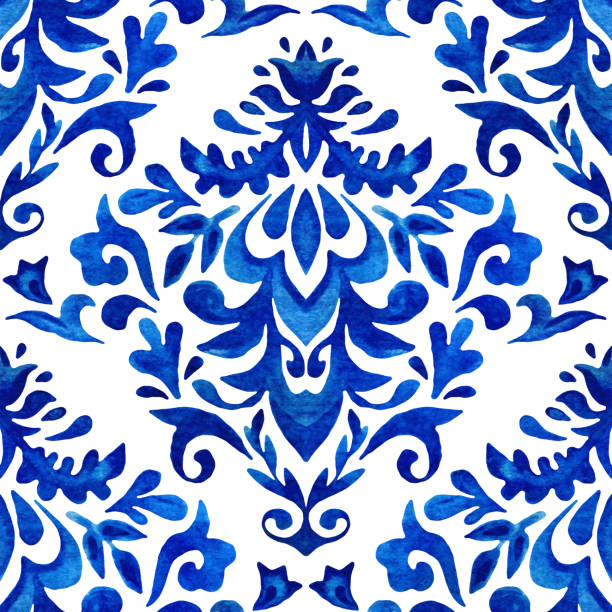 istock Watercolor blue damask hand drawn floral design. Seamless pattern, tiling ornament abstract medallion filigree background. 1995956106