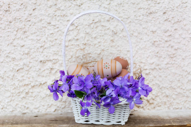 Easter eggs in a basket with violet flowers