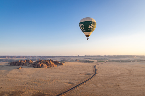 Middle East, Saudi Arabia, Medina, Al-Ula. November 19, 2023. Tourist hot air balloon in the Saudi desert.