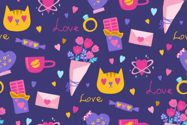 Vector illustration of Valentines Day romantic elements seamless pattern cute abstract drawings boundless print background