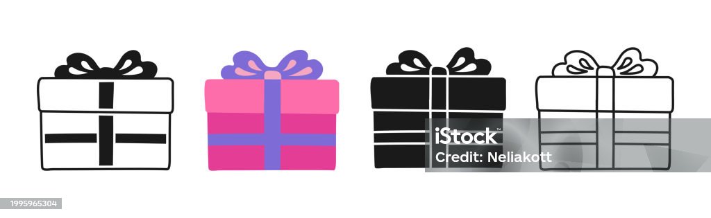 Giftbox Cartoon Symbol Doodle Stamp Stylized Set Hand Drawn Design For ...