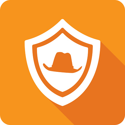 Vector illustration of a shield with cowboy hat icon against an orange background in flat style.