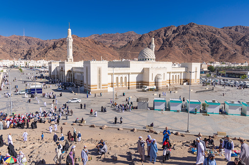 Middle East, Saudi Arabia, Madinah Province, Medina. November 20, 2023. Fash Mosque below Mount Uhud.