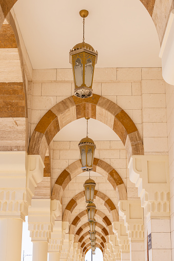 Middle East, Saudi Arabia, Madinah Province, Medina. November 20, 2023. Archway at Fash Mosque below Mount Uhud.