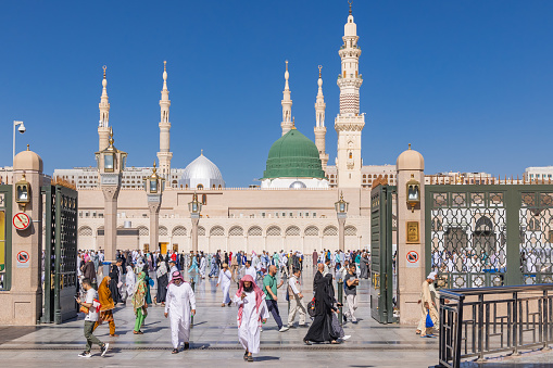 Middle East, Saudi Arabia, Madinah Province, Medina. November 20, 2023. Crowds near the Prophet's Mosque in Madinah.