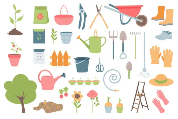 Vector illustration of set of gardening items in flat style. Vector isolated on white.