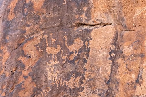Middle East, Saudi Arabia, Hail Province, Jubbah. Ancient petroglyph of ostriches and other animals at the Jubbah rock art site at Ob Sinman Mountain.