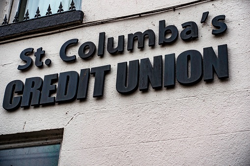A close-up image showcasing the sign of St. Columbas Credit Union in Galway, Ireland.