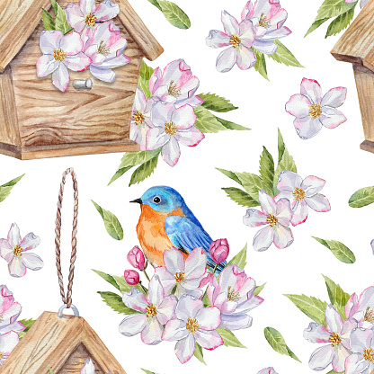 Spring watercolor pattern with hand-painted illustrations of a birdhouse, a bluebird, and apple blossom flowers on a white background.