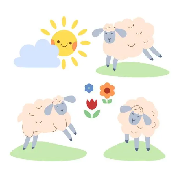 Vector illustration of Three fluffy happy sheep graze in farmer's meadow among flowers and sun and clouds.