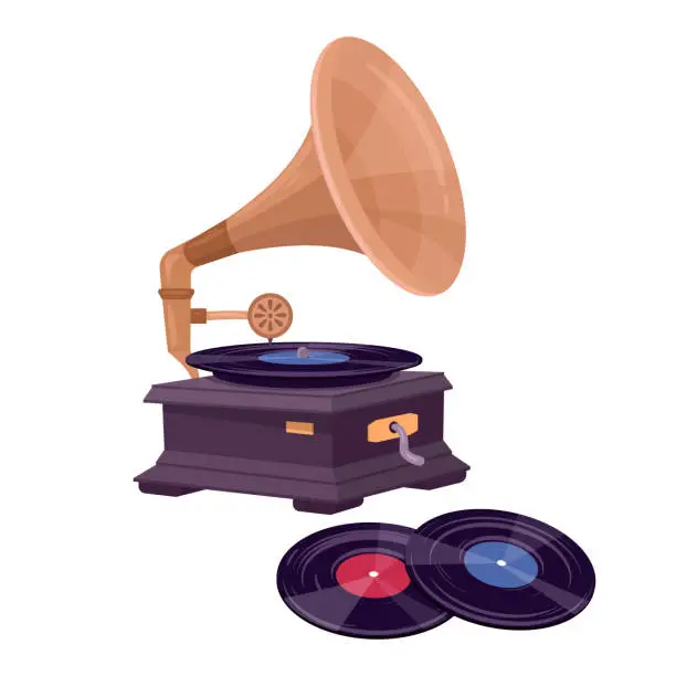 Vector illustration of Gramophone and vinyl records. Antique music device, retro gramophone player for listening music flat vector illustration. Nostalgic phonograph on white