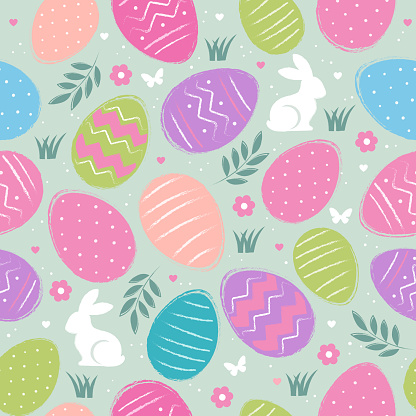 Easter seamless pattern with eggs, bunnies and butterflies hand painted in pastel colors. Easter design for background or wallpaper.