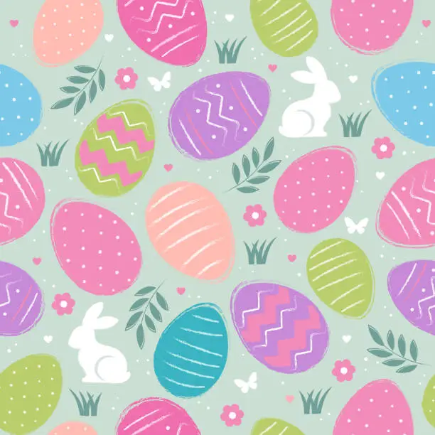 Vector illustration of Easter seamless pattern with eggs, bunnies and butterflies hand painted in pastel colors.