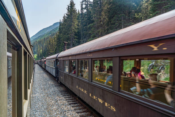 Skagway, Alaska - July 30, 2023: Tourists are enjoying the view from train. White Pass Summit excursion tour train, Alaska, USA.