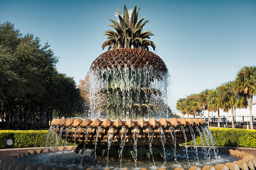 Pineapple Fountain in Waterfront Park, downtown Charleston, South Carolina, USA.
