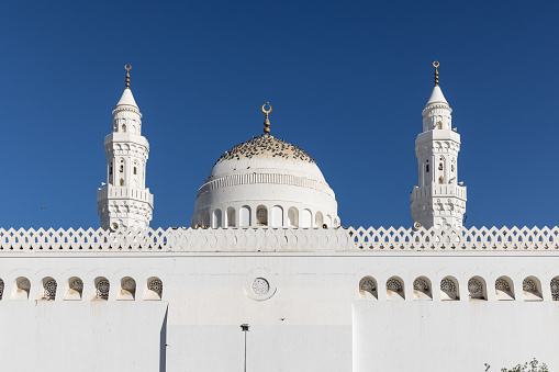 Middle East, Saudi Arabia, Madinah Province, Medina. Minarets and dome of the Quba Mosque in Medina.