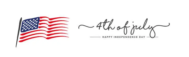 Vector illustration of Happy Independence day 4th of july handwritten typography US abstract wavy flag white background banner