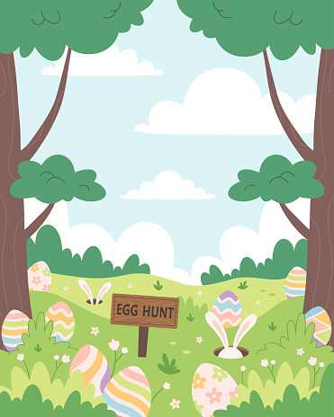 Spring meadow with hidden eggs for Easter egg hunt. Easter Event Celebration in Spring Park. Holiday tradition game for children. Vector illustration