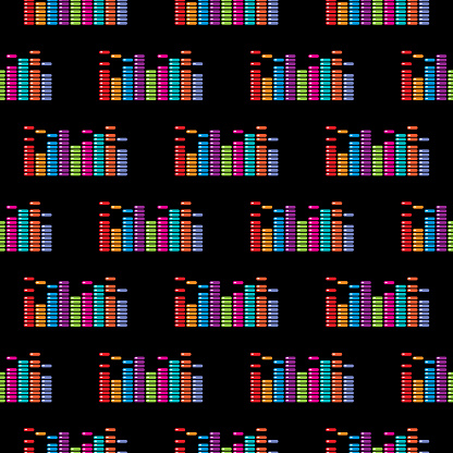 Vector seamless pattern of music equalizer audio waves on a black square background.