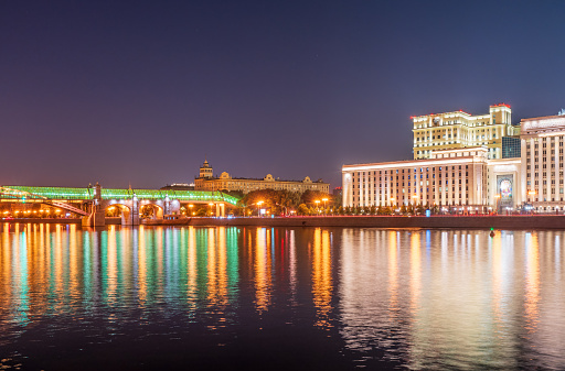 Night view of the Ministry of Defence of Russian Federation, and Moscow river embakment. Translation of the inscription on the facade - Ministry of Defense of the Russian Federation