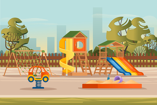 Kids playground in public park with trees and city on background landscape vector illustration.
