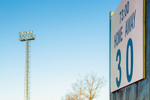 Castilla la Mancha, Spain. Soccer stadium scoreboard indicating a local team rout