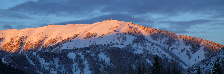 Beautiful sunrise on a cold February powder day at Sun Valley ski resort