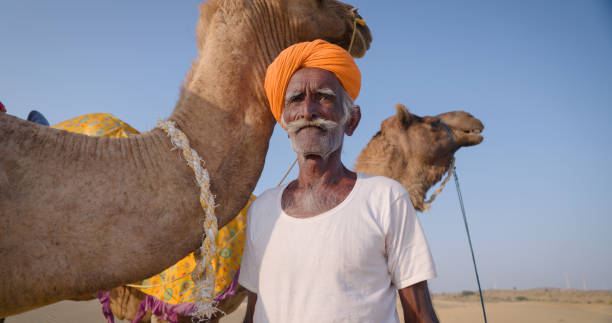 istock Indian man posing with camels on sand dunes, Rajasthan, India 1996177595