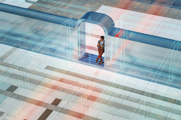 Japanese businessman standing in VR environment doorway