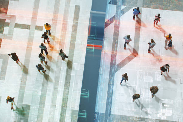 VR environment entrance with groups of people