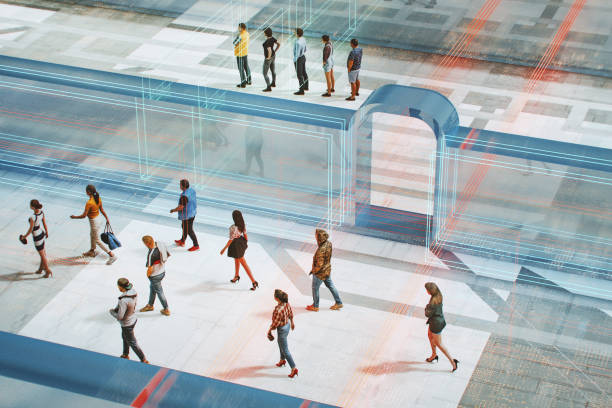 istock VR environment entrance with groups of people 1996180148
