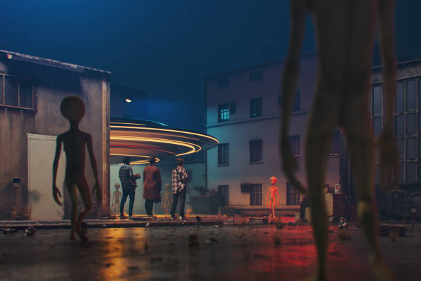 istock People watching UFO and alien walking towards them 1996181715