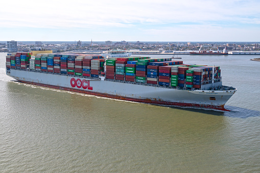 Container ship CSCL pacific ocean unloading  in the Maasvlakte Harbor in Rotterdam