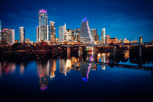 Austin, Texas, USA - Downtown skyline seen from Pfluger Pedestrian Bridge at dusk.