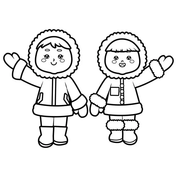 Vector illustration of Two cute cartoon Eskimo kids vector in black and white