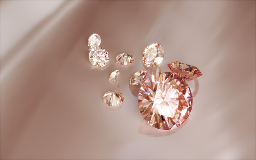 3d Render Diamonds standing on orange soft background (close-up)